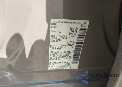 2021 Nissan Titan Pro-4X 4X4 из США, поврежденный, VIN 1N6AA1ED0MN536715